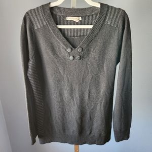 Smartwool Merino Wool Women's Large Long Sleeve V Neck Sweater Black Gray Stripe